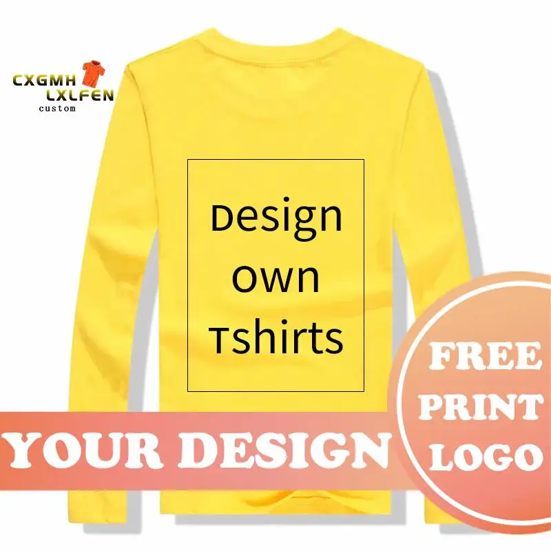 Custom Printed T Shirts Cotton Long Sleeve Solid Tops Tees Men Casual Tshirts Design Own T-shirts For Couples Family Class Team