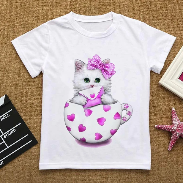 Flowers Summer Clothes Love You Cat CartoonsTShirt Baby Things For Girls Clothes For Boy T Shirt Kids Boy White Short Sleeve Top