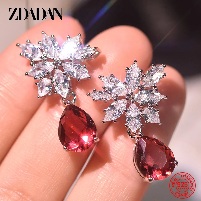 

ZDADAN 925 Sterling Silver Water Drop Red Crystal Earrings For Women Pendant Charm Jewelry Gift