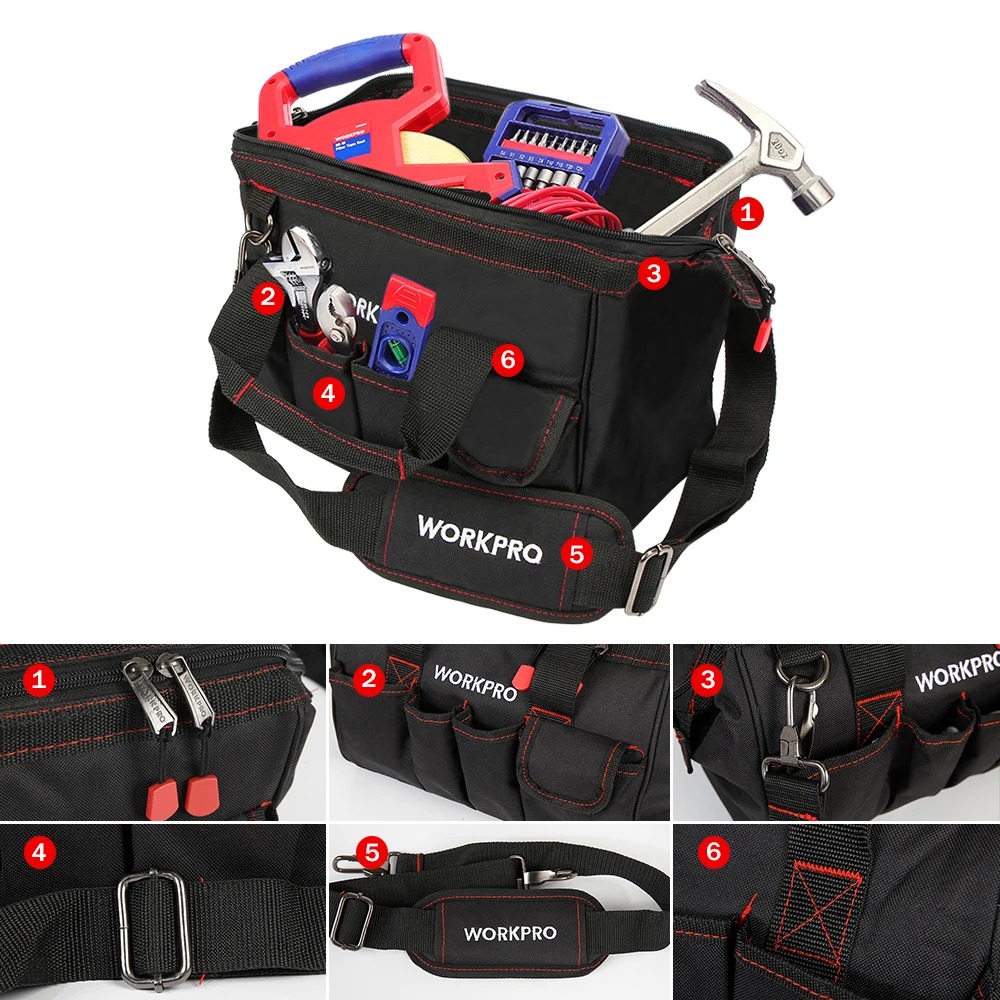 WORKPRO 12/14/16/18 inch Tool Bag 600D Polyester Electrician Shoulder Bag Tool Kits Bag Multi Bag Men Crossbody Bag for Tools