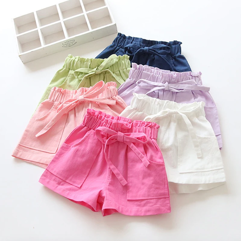 2-7Y Summer Girls Shorts Kids Shorts Candy Color Girls Children Clothes Bow Beach Loose Shorts Casual Pants Linen Comfortable