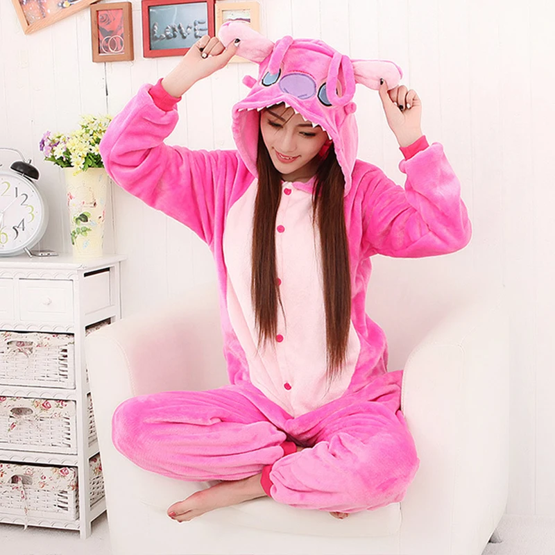 stitch pyjamas pink blue women winter warm flannel cartoon animal pajamas sets cute adults sleepwear nightie onesie