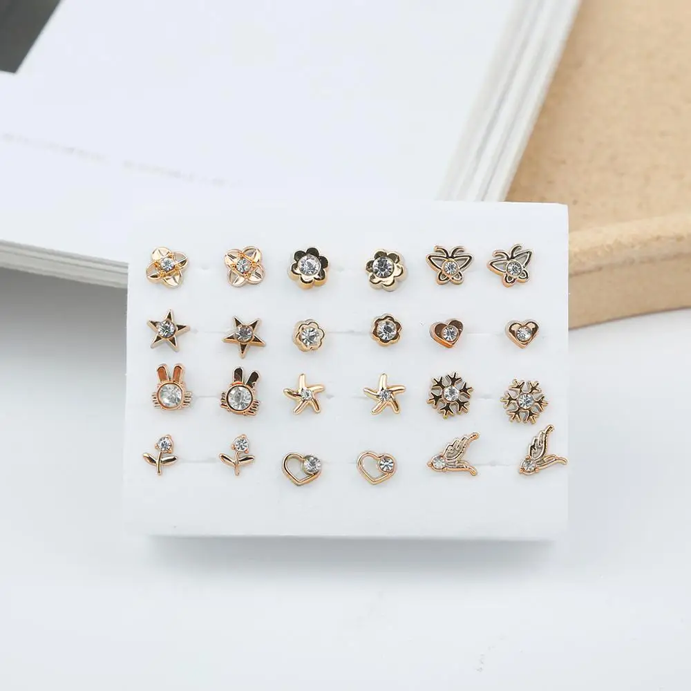 12Pairs Randomly Gold Silver Color Women Small Plastic Stud Earrings Sets For Girl Bowknot Flower Heart Star Broncos Jewelry