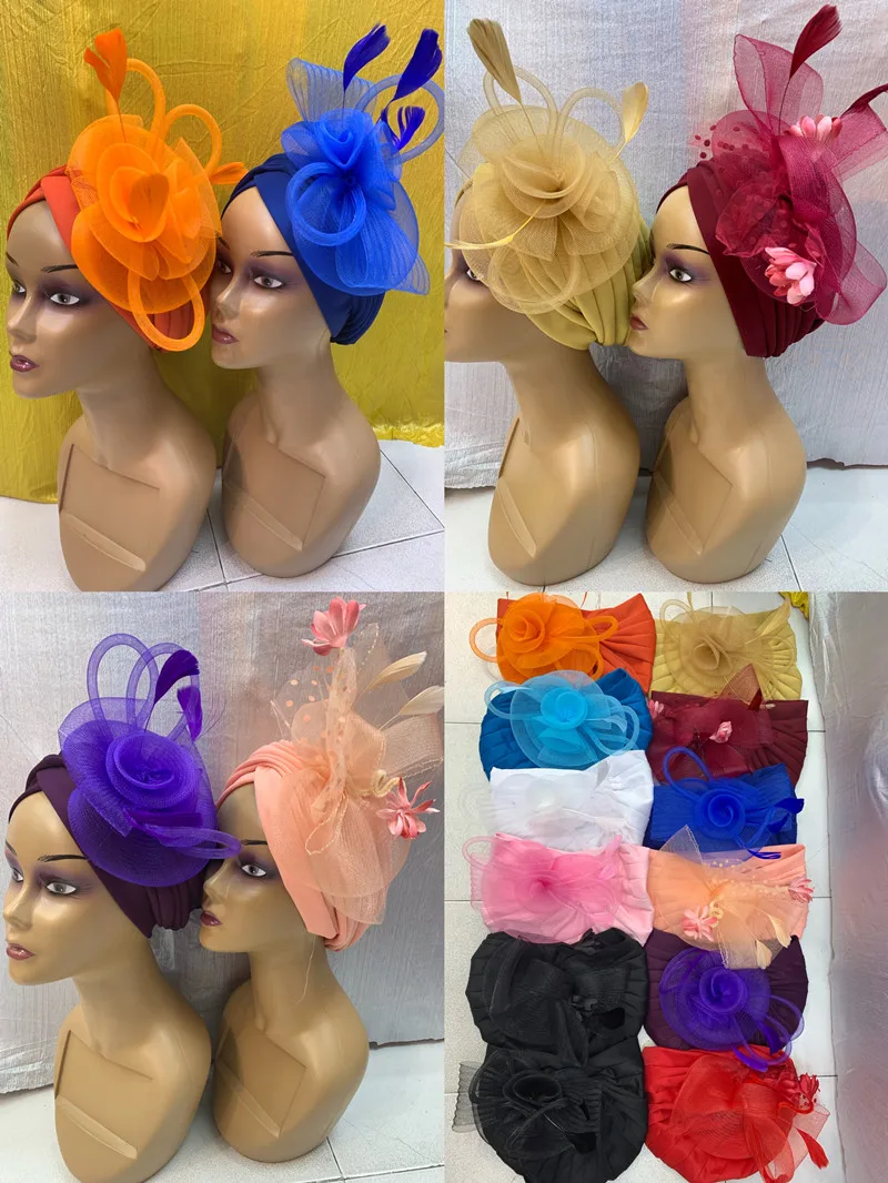 Muslim African Cap Unique Women Big Flower Velour Turban Bonnet Elastic Beanie Hat Headband Turbans Ladies Bandanas 12pcs/pack