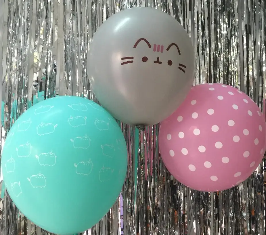 10pcs/lot 12inch Tiffanyblue grey cat Party Balloons pusheened cat pink dots kit cute Birthday Latex Ballons Photo Props Party