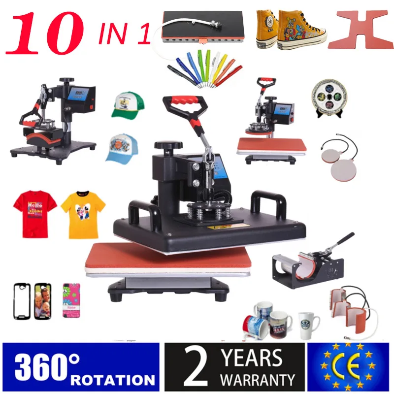 10 in 1 Combo Heat Press Machine Thermal Sublimation Transfer Printer For Cap/Mug/bottle/T-shirts /Phone Case/Pen/Keychain/Shoe