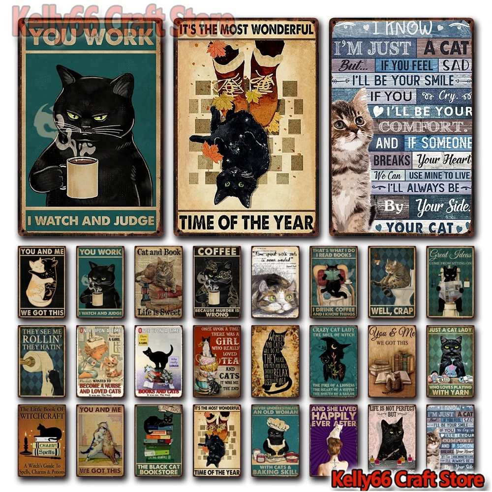 [ Kelly66 ] Pets Sewing Black Cat You Work I Watch And Judge Tin Metal Sign Home Pub Bar Decor Painting 20*30 CM Size Dy215