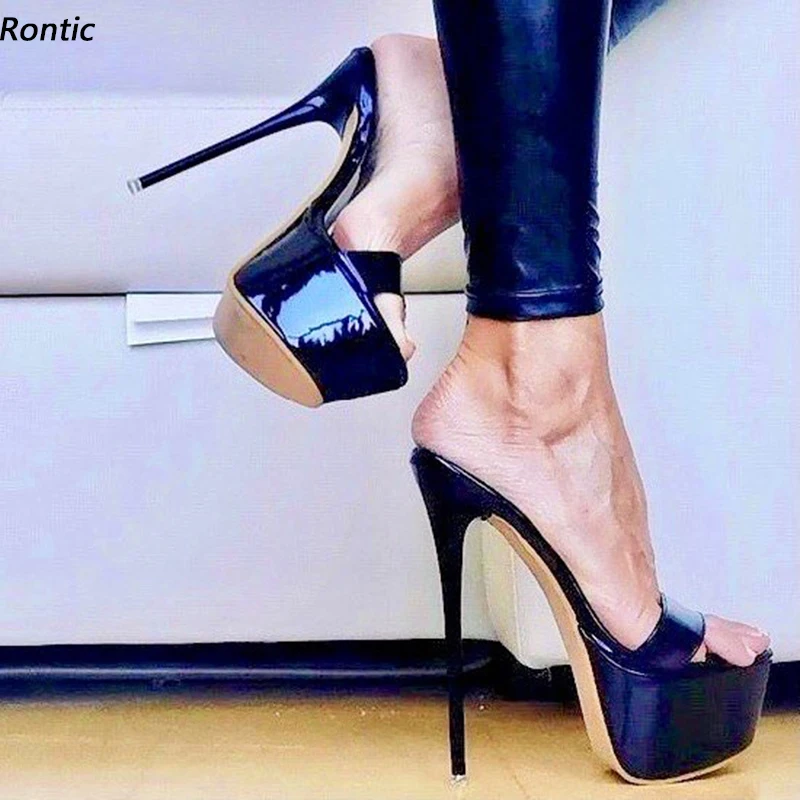 Rontic New Arrival Women Platform Sandals Patent Leather Sexy Stiletto Heels Open Toe Elegant Black Dress Shoes Size 34 45 47 52