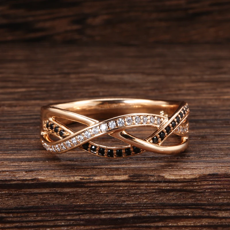 Luxury 18k Rose Gold Natural Black Diamond Ring Geometric Line Cross Wedding Diamond Rings for Women Vintage Fashion Jewelry