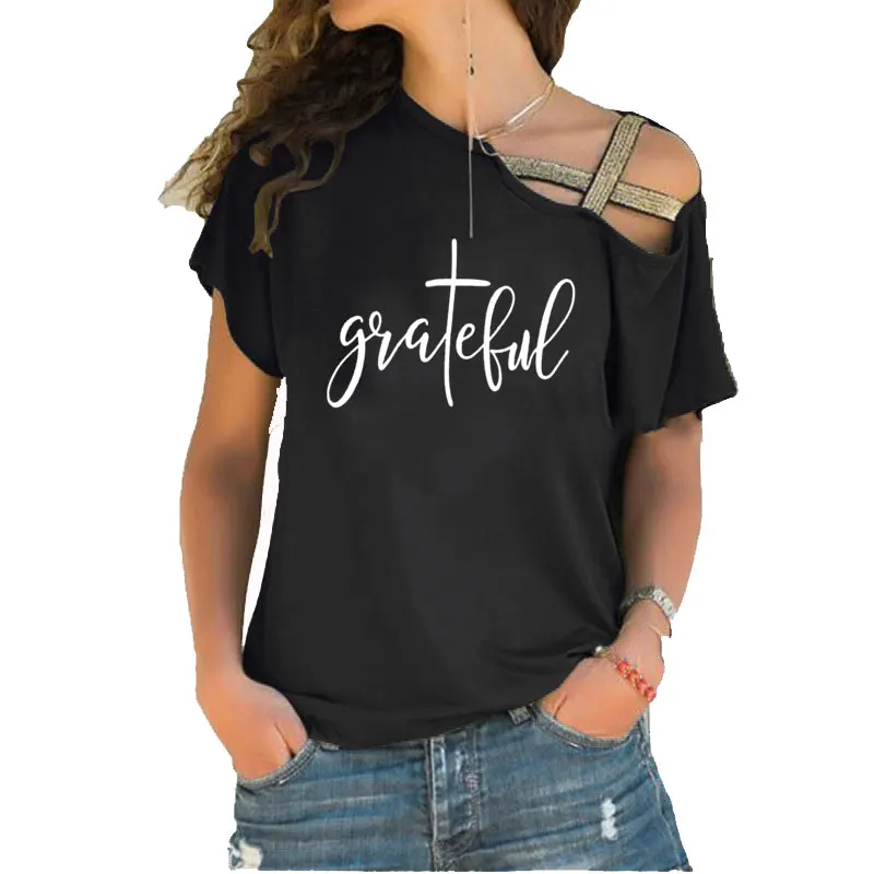 

Grateful Christian cross Print Women tshirt Cotton Hipster Funny Irregular Skew Cross Bandage Tops t shirt