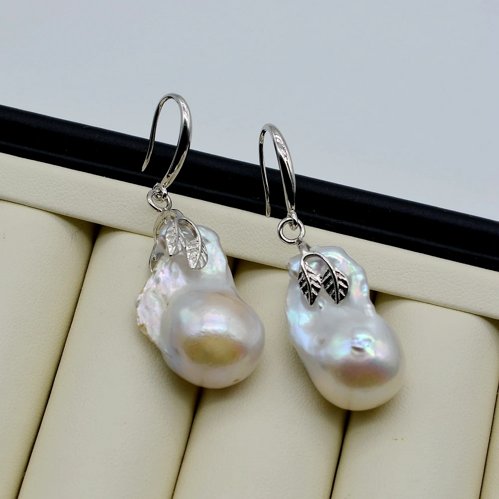 Women\'s Earrings White Natural Baroque Pearl Silver Earrings Diameter 15mm Water Drop Pearl Drop Baroque Earrings Free Shipping