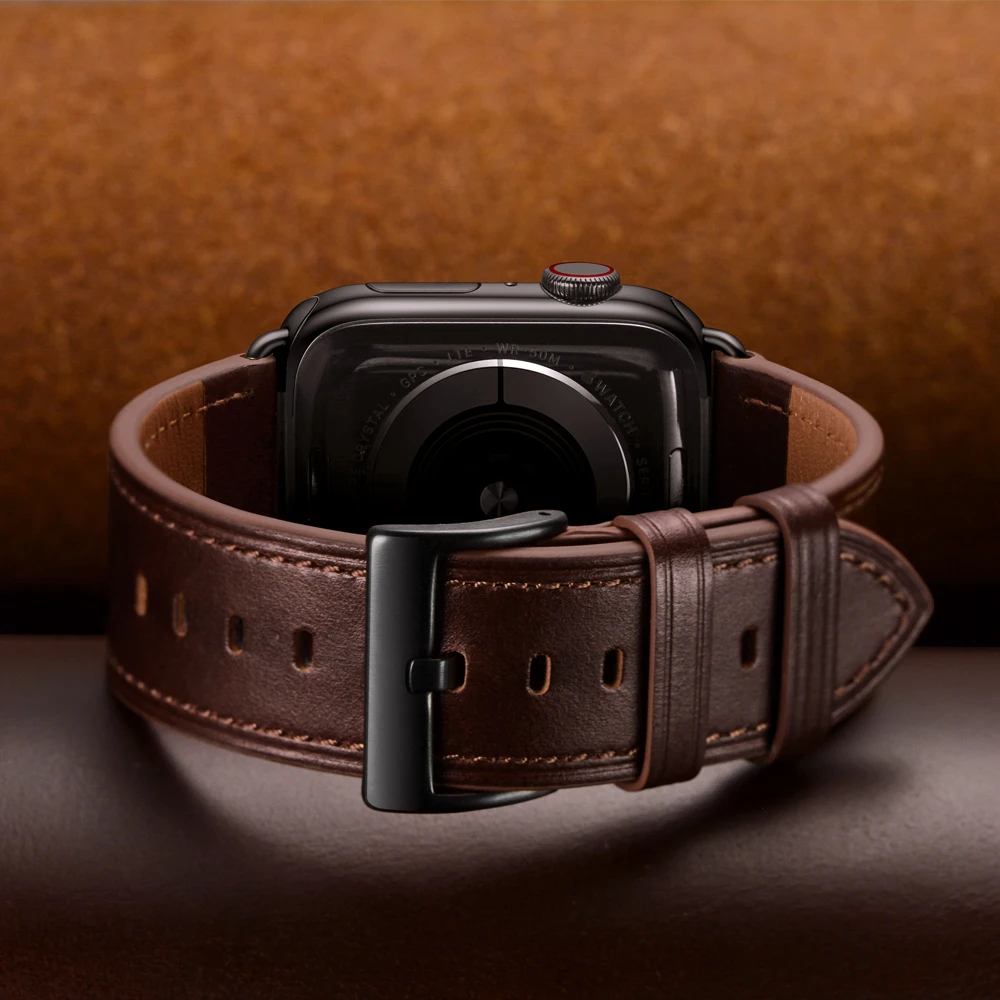 VIOTOO Genuine Leather Band Replacement Strap For Apple Watch Series 6/5/4/3/2/1/SE 44mm 42mm,Dark Brown Band with Black Adapter