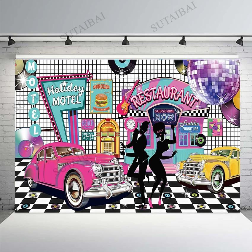 50's Theme Party Decorations Rock and Roll Restaurant Backdrop Banner Classic 50s Motel Background for Photography Photo Studio