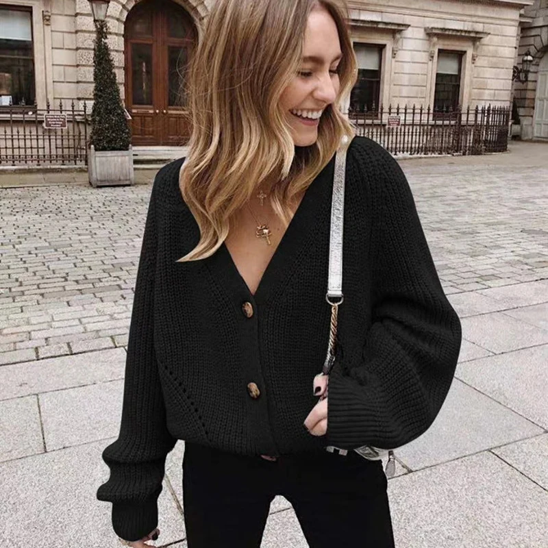 NEW Fashion Women Knitted Cardigans Sweater Fashion Autumn Long Sleeve Loose Coat Casual Button Thick V Neck Solid Female Tops