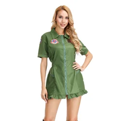 Pilot Costume Army Green Dress Men Women Fighter Pilot Costume Adult Plus Size Top Gun Costume Cosplay Military Pilot Uniform