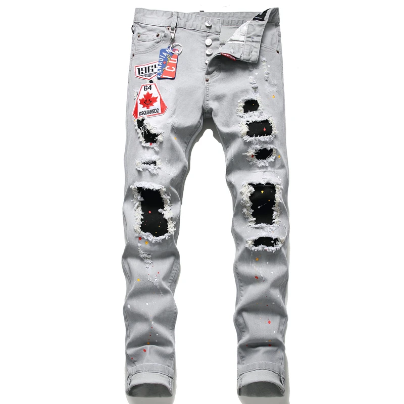 

New European Men's Jeans Famous Paint Splash Brand Slim Embroidery Badge Trousers Male Denim Trousers Patch Splicing Hole Pants