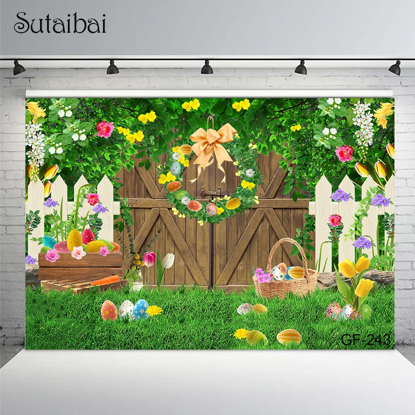 ฤดูใบไม้ผลิอีสเตอร์ไม้ประตูไข่สีเขียวทุ่งหญ้าดอกไม้ Garland รั้วเด็กภาพวันเกิด Photo Studio Props
