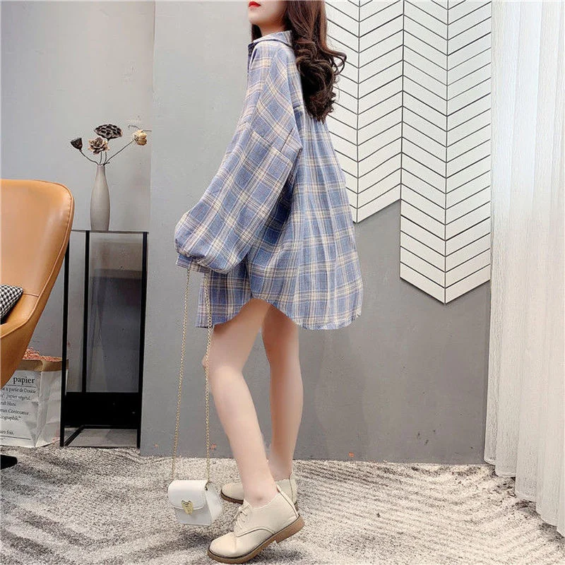 Women Blouses Plaid Turn-down Collar Female Autumn Long Sleeve Blouse Shirts Vintage Loose Street Lady Korean Oversize Top