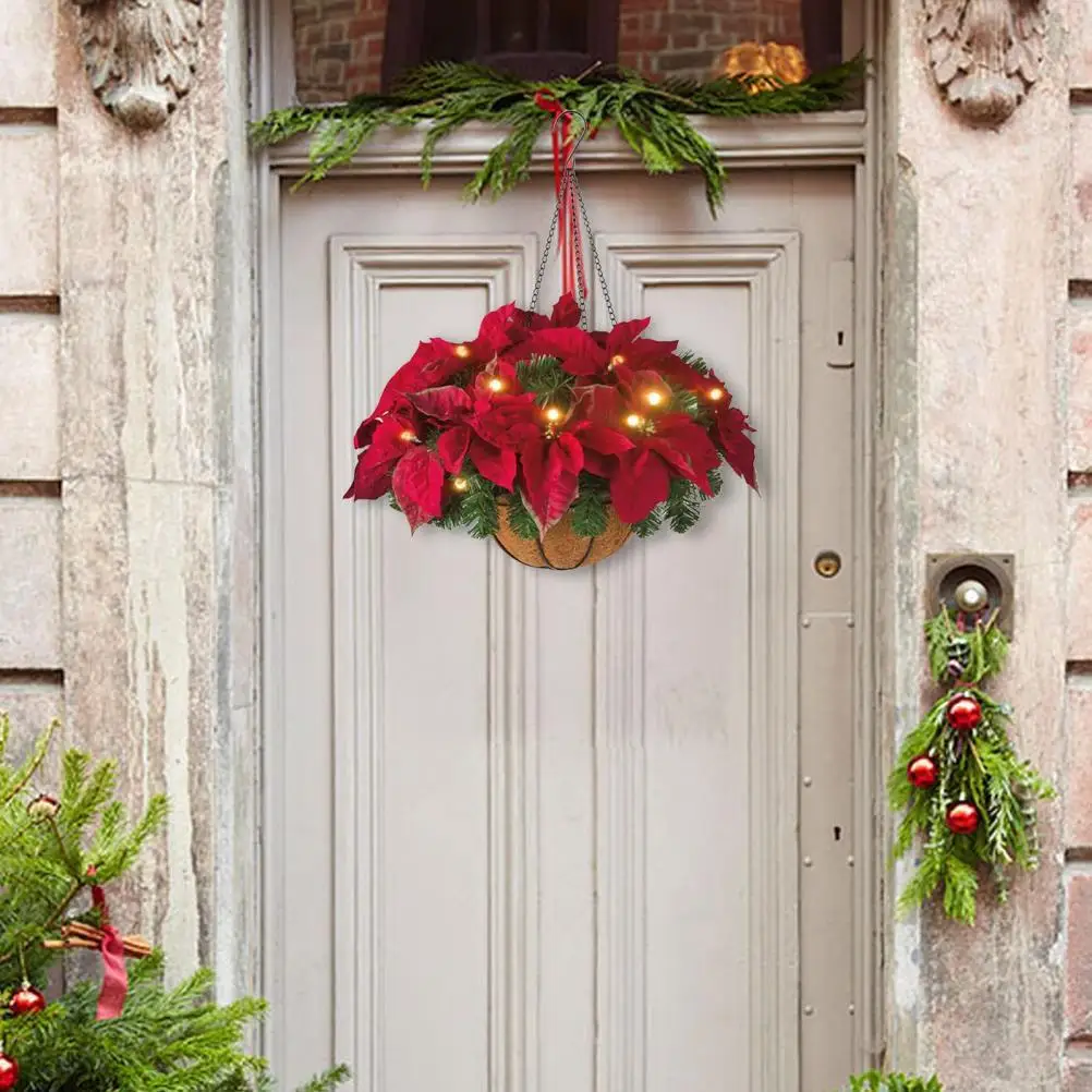 Pre-Lit Christmas Hanging Basket Flocked With Mixed Decorations And LED Lights Artificial Frosted Berry Pine Cones For Christmas