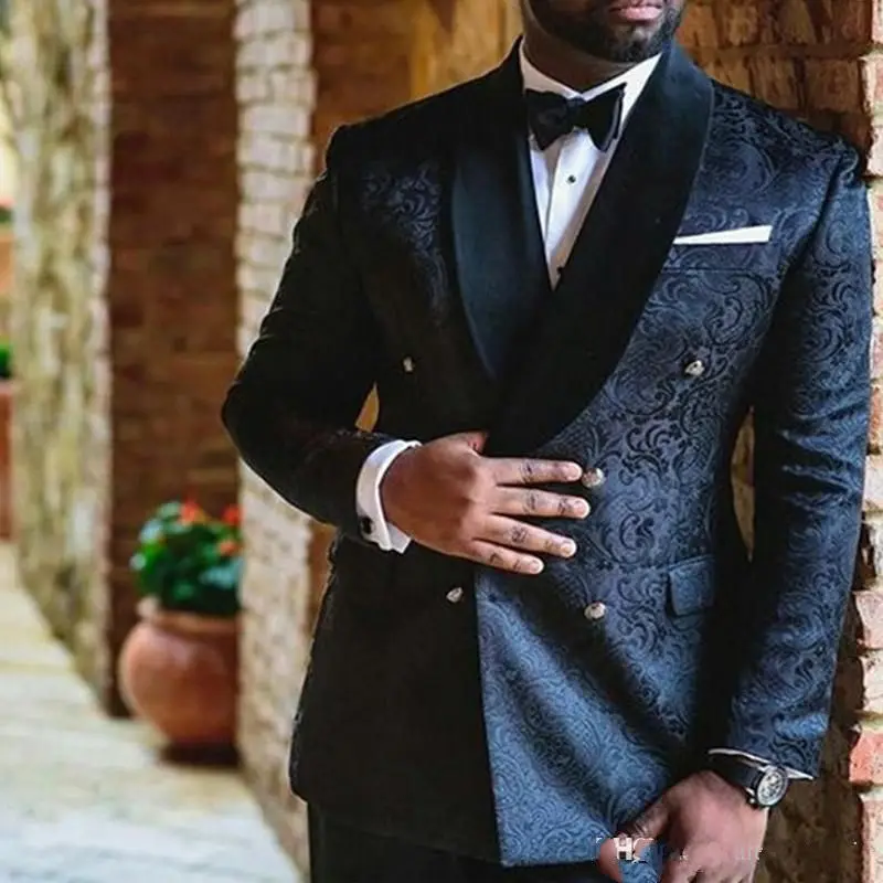 Traje de boda azul marino para hombre, chaqueta de dos piezas con doble botonadura, esmoquin ajustado personalizado para novio, solapa de Chal, pantalones, Blazer