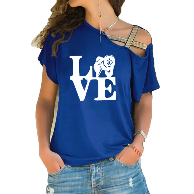 I Love Chow Chow Fashion Print Cross Bandage T-Shirt For Women Tops Dog Lover Girlfriend Tees Women Off The Shoulder