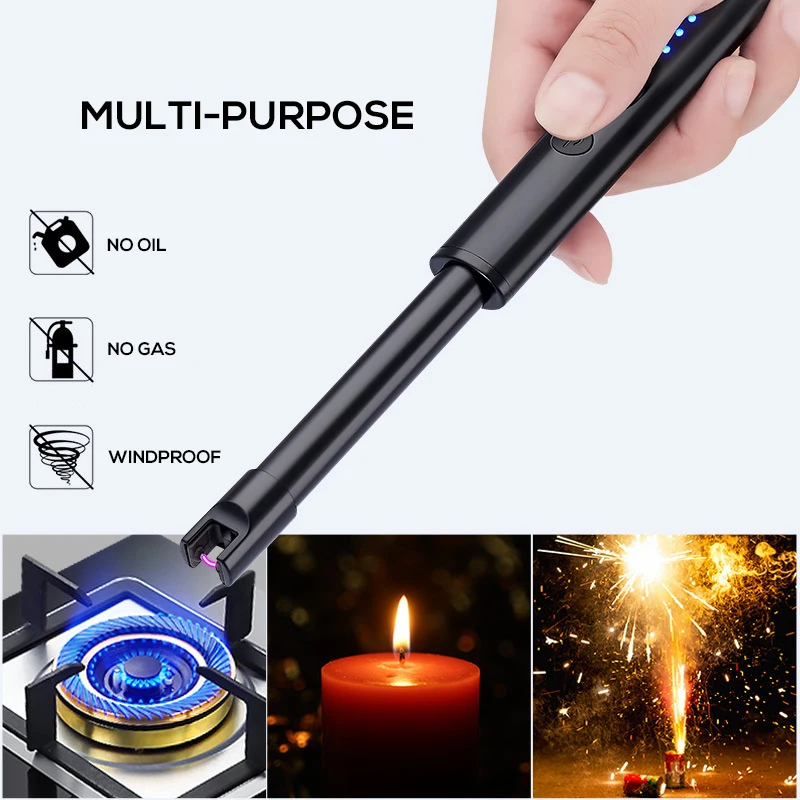 Electric Candle Lighter Windproof Pulse Arc USB Rechargable Ignitor with Concealable hook Power display