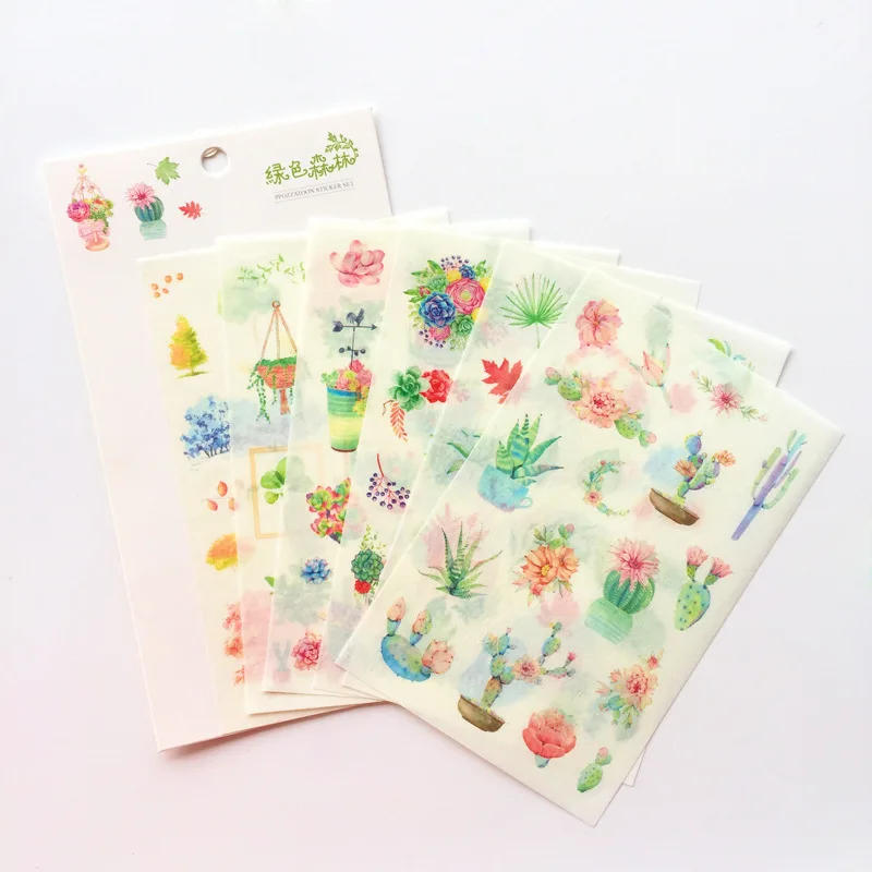 Pegatinas de plantas verdes para decoración de álbumes, 6 hojas por juego, árbol forestal, jardín, maceta de flores, estilo INS, A6410