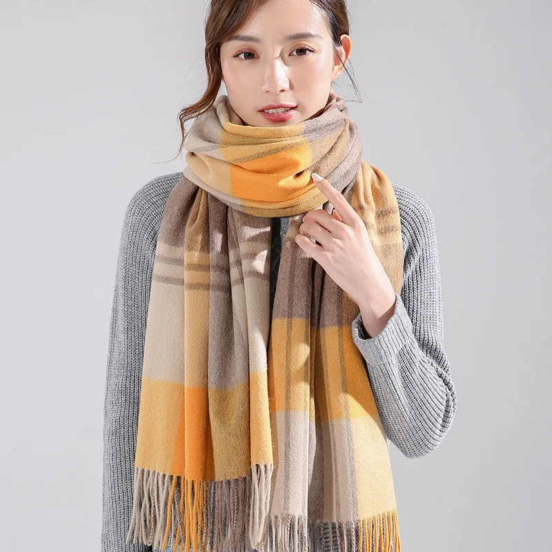 Winter 100% Wool Scarf Women Thicken Warm Beige Plaid Echarpe Shawls and Wraps Checkered Pashmina Cashmere Scarves Foulard Femme