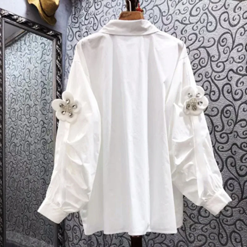 Vintage Three-Dimensional Flower Long-Sleeved Polo Collar Top Spring Women's New Fashion Fashion Simple White Blouse Shirt