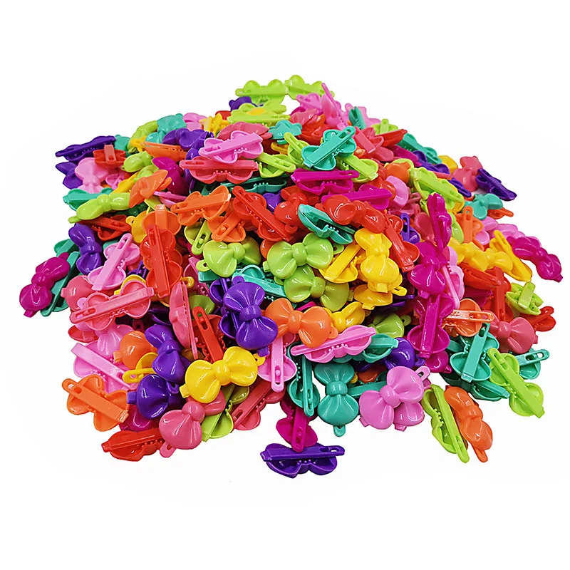 100PCS Sweet Colorful Heart Plastic side hairpins Kids girls butterfly bowhair clips hair accessories Frog bows hair barrettes