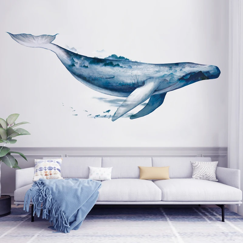 Creative Ink Wash Whale Wall Stickers For Living Rooms Home Bedroom Background Wall Decor Self Adhesive Vinyl Sticker Wallpaper