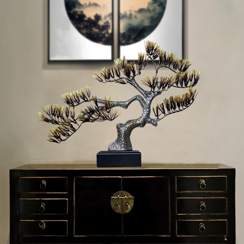 

Pine Tree Deco Oriental Style Desktop Decoration Chinese Vintage Ornament Home Living Room Decoration Retro Metal Tree Sculpture