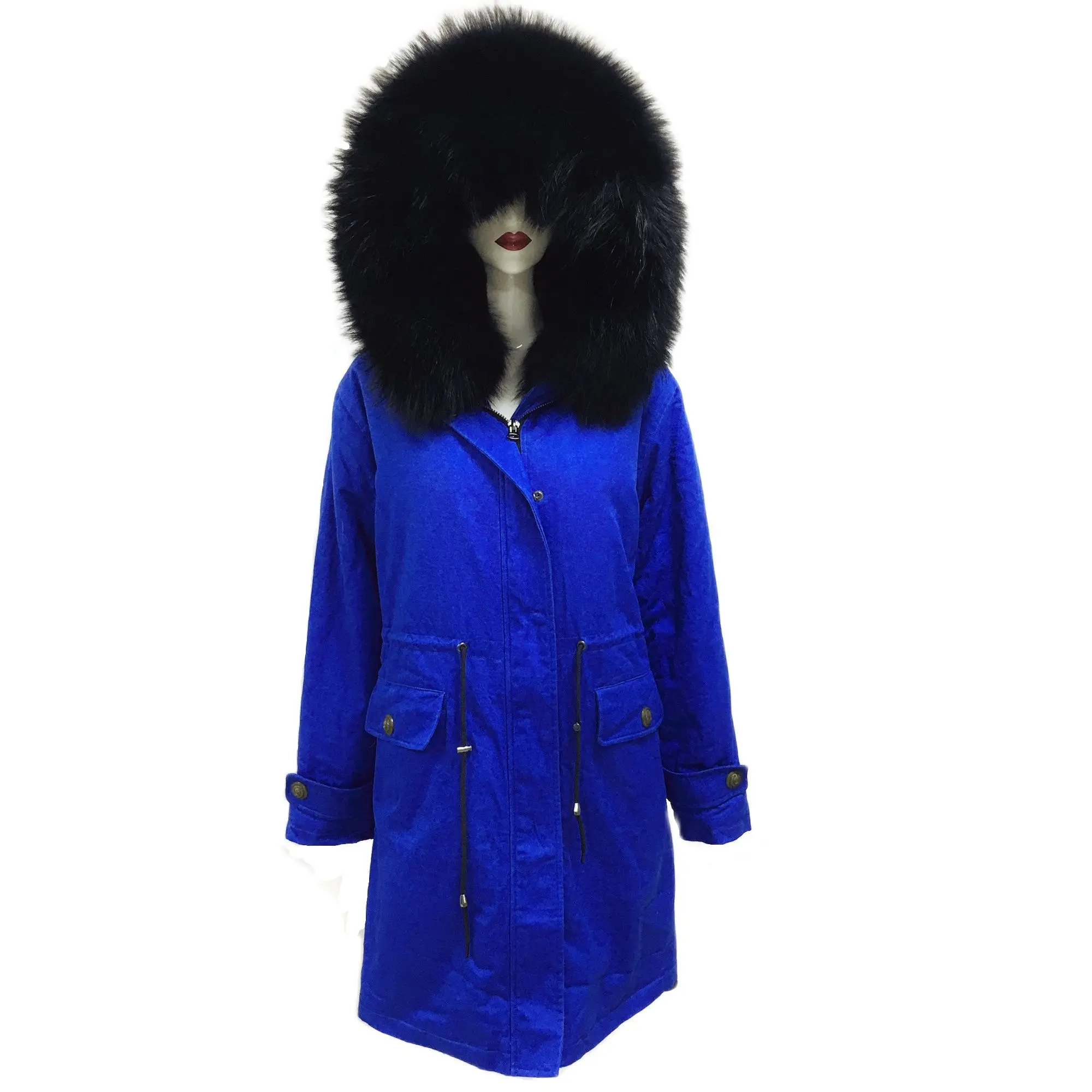 Fashion Bright Blue Long Men Faux Fur Parka Winter Raccoon Fur Collar Parka Plus Size