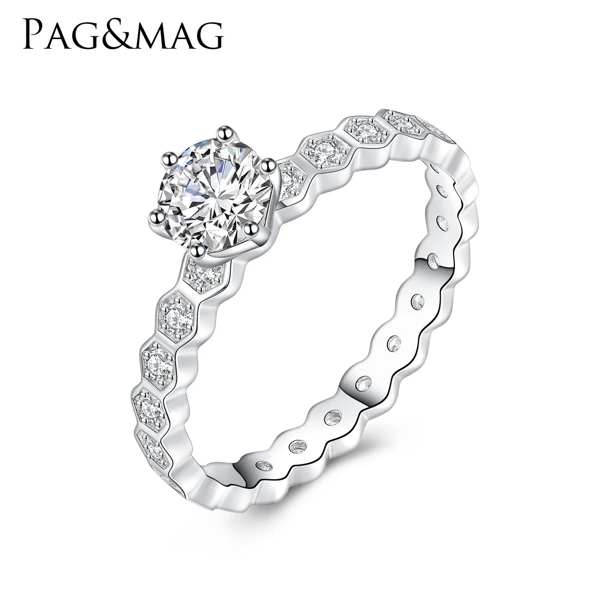 PAG & MAG S925 Sterling Silver six claw silver zircon inlaid hand ornament fashion simple personalized ring