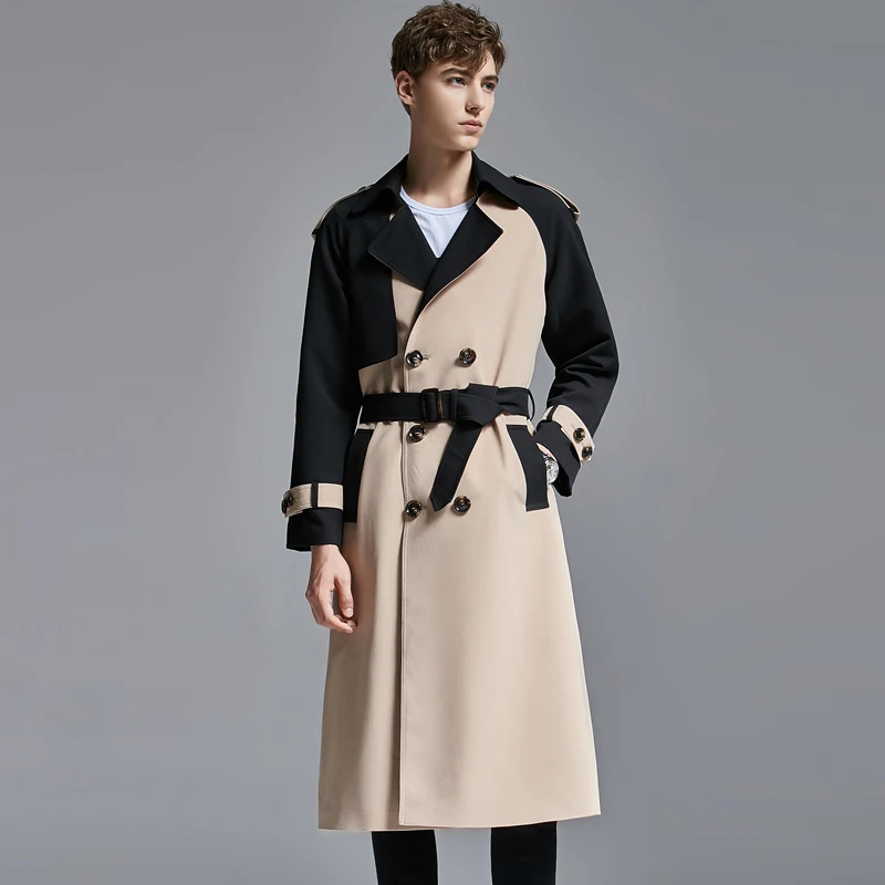 

CHAOJUE 2023 Spring/Autumn Men's Contrast Color Extra Long Trench Europe England Male Vintage Causal Double Breasted Coat