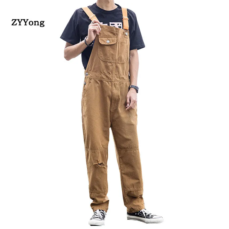 2021 Overalls Mens Bib Denim Jumpsuit Loose Fit Casual Pants Broadcloth Jeans Ripped  Hip Hop Streetwear Brown Blue Trousers