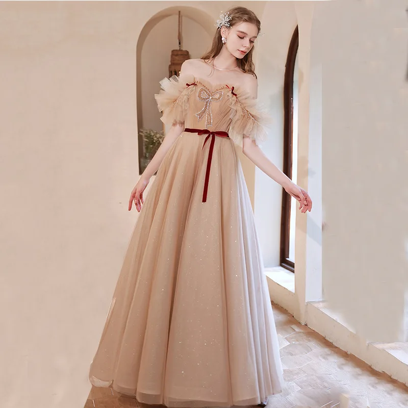

Boat Neck Women' Evening Dresses Bow Ruched Strapless Solid Color Floor-Length A-Line Backless Slim Dress Valentine's Day Gowns