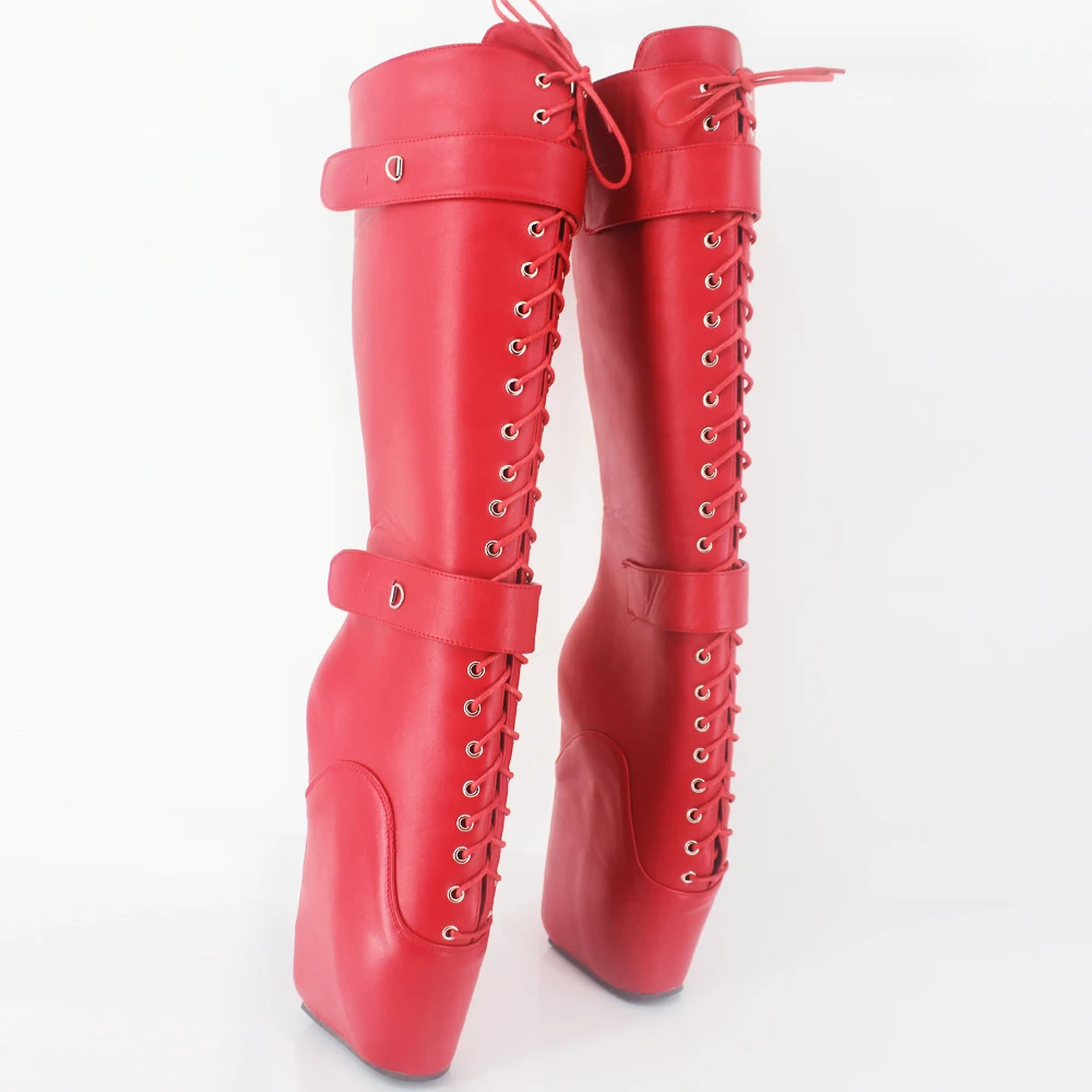 18cm Extreme High Heel Fetish Sexy Wedges Lace-up Buckle Heelless Ballet Boots unisex Lockable Knee-High Boots