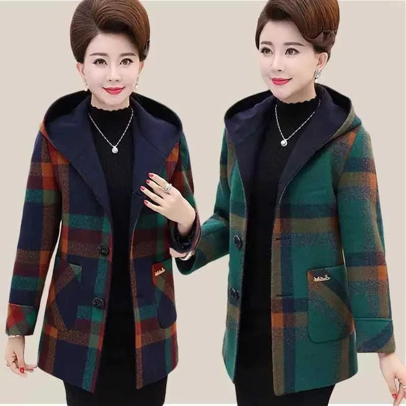 

Fashion Blended Woolen Coat Middle-aged and Elderly Women's Coat Autumn Winter Thick Warm Wool Coat Plaid Jacket Outwear 5XL