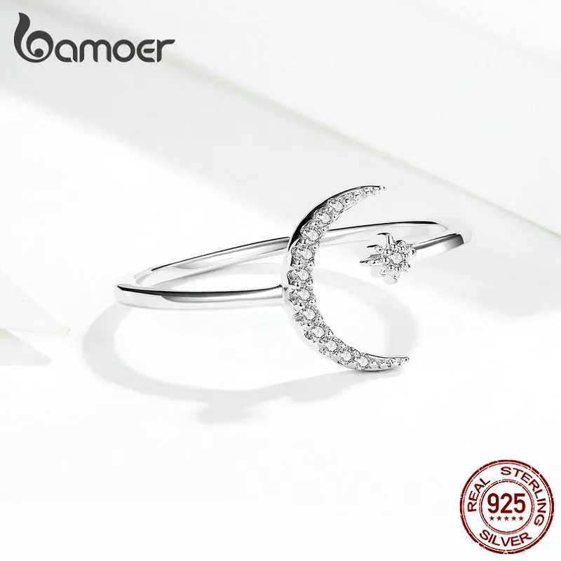 BAMOER Genuine 925 Sterling Silver Guardian Luna Adjustable Finger Ring for Women Geometric Ring Fine Jewelry Engagement Gift