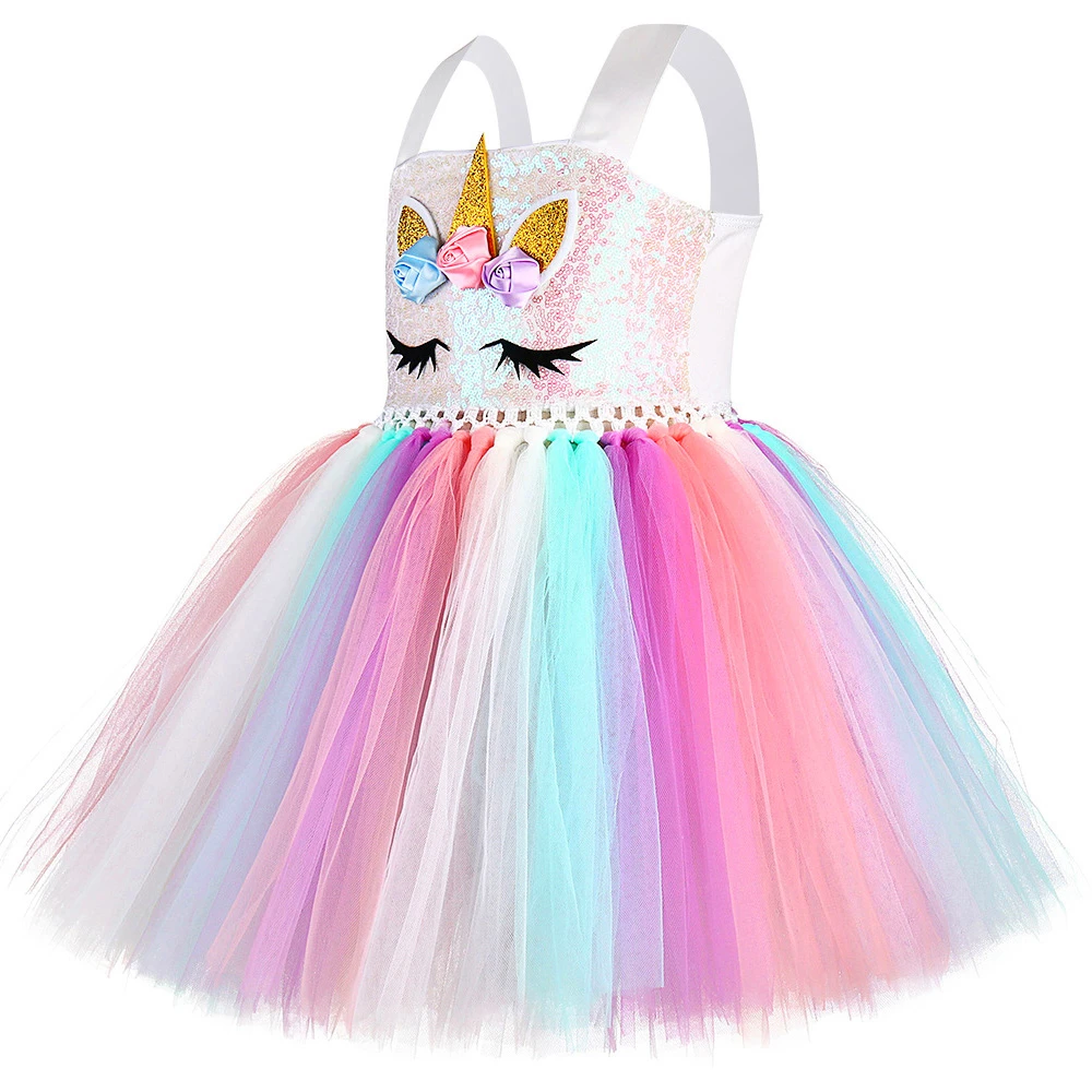 Pastel Sequins Girls Unicorn Dress with Wings Headband Outfit Toddler Baby Girl Unicorns Costumes for Halloween Birthday Dresses