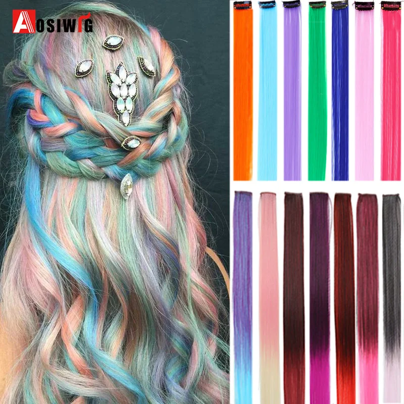 AOSI Long Straight Colored Highlight Synthetic Hair Extensions Clip In One Piece Rainbow Streak Pink Hair Strands For Women Girl