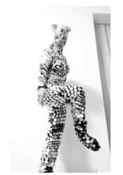 Cat mask mirror bodysuit Model costume Catwalk stage dance wear Round Mirror Jumpsuit Sequin Mirror Light One-Piece Outfit