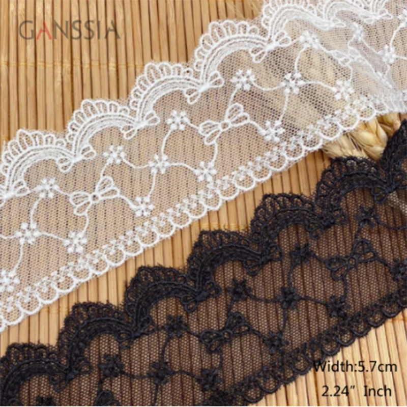 1 Yard Width:5.7cm Little Flowers and Bowknot Trimming Laces Ivory White/Black Embroidered Lace for Sewing Accessories(KK-609)