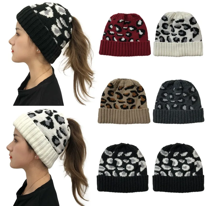 Women Casual Knitted High Ponytail Beanie Hat Lady Autumn Winter Cap Leopard Print Fashion Thick Warm Female Outdoor Sport Hats