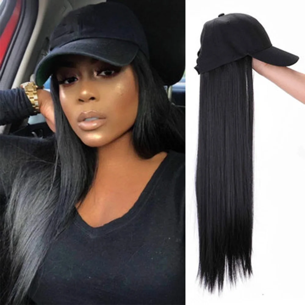 Synthetic Baseball Cap Hair Wig Natural Black / Brown Long Straight Wigs Naturally Connect Synthetic Hat Wig Adjustable For Girl