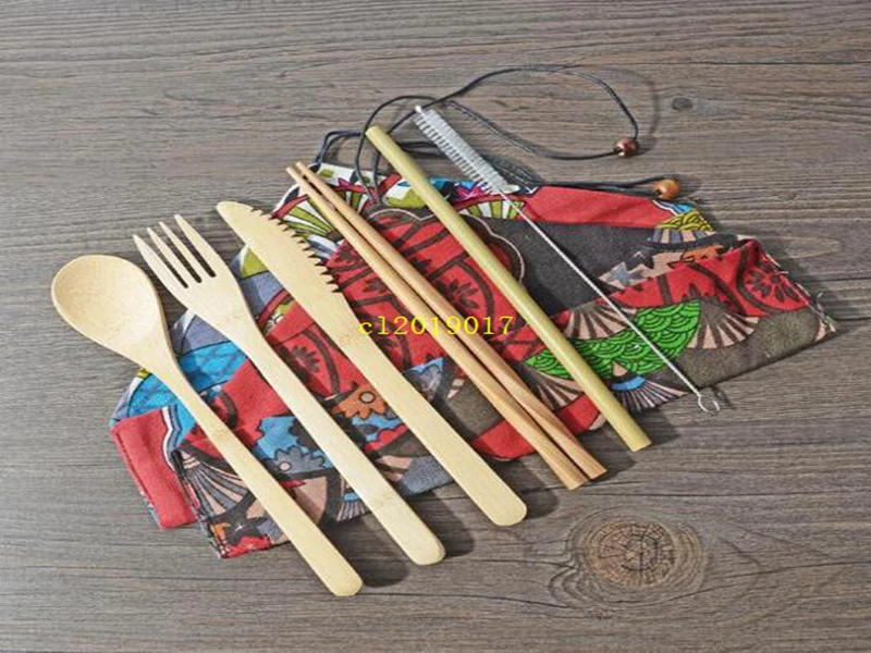 100sets Japanese Bamboo Cutlery Set Bamboo Cutlery Straw Cutlery Set With Cloth Bag Kitchen Cooking Tools