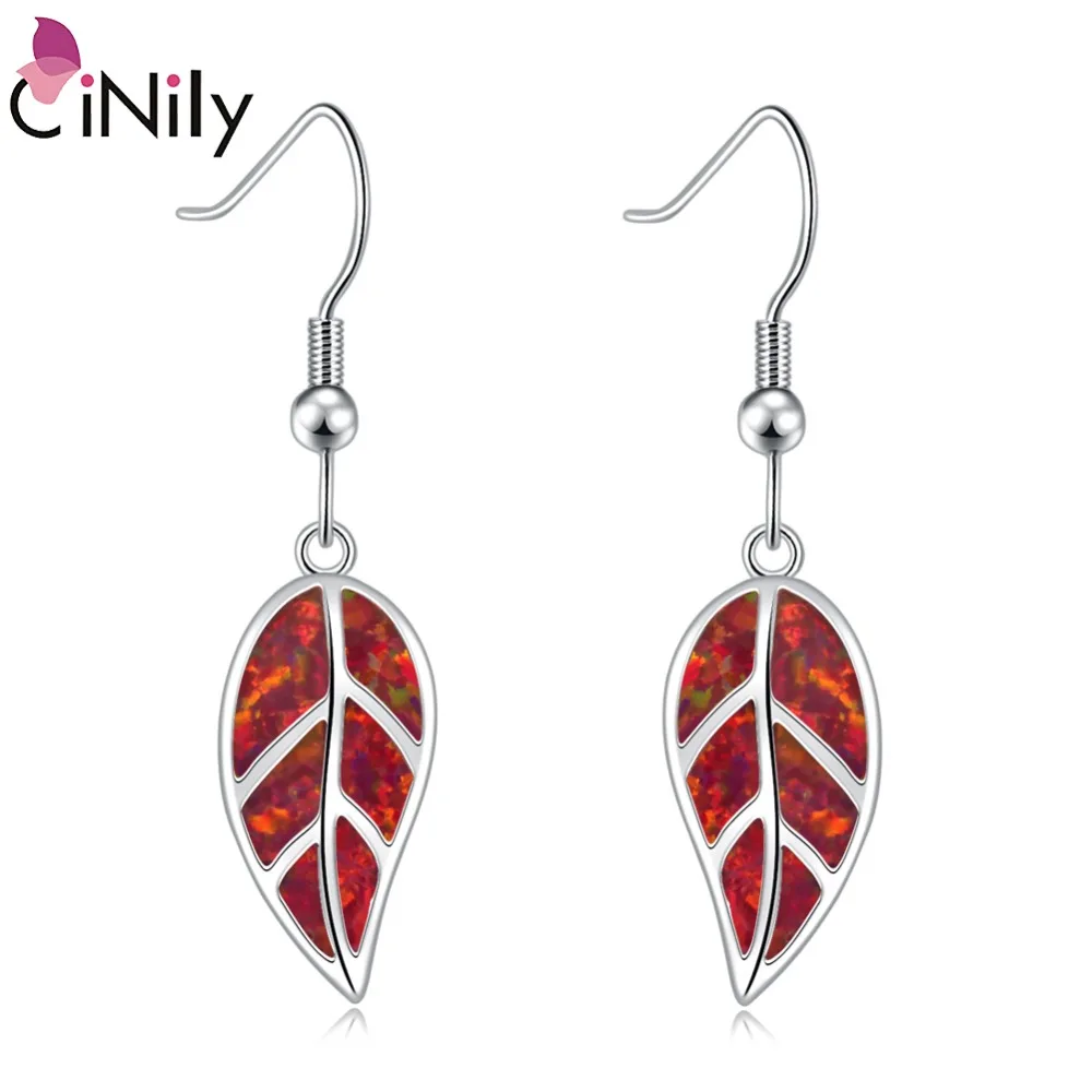 

CiNily Red & Orange & Blue & White & Green Fire Opal Stone Dangle Earrings Silver Plated Leaf Drop Earring BOHO Summer Jewelry