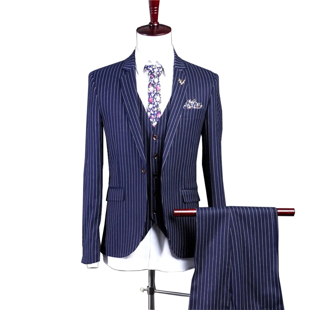 

Mens Suit 3 Pieces Wedding Pinstripe Men Suit Peaked Lapel Blazer Business Notched Lapel Tuxedos Blazer+Veat+Pants