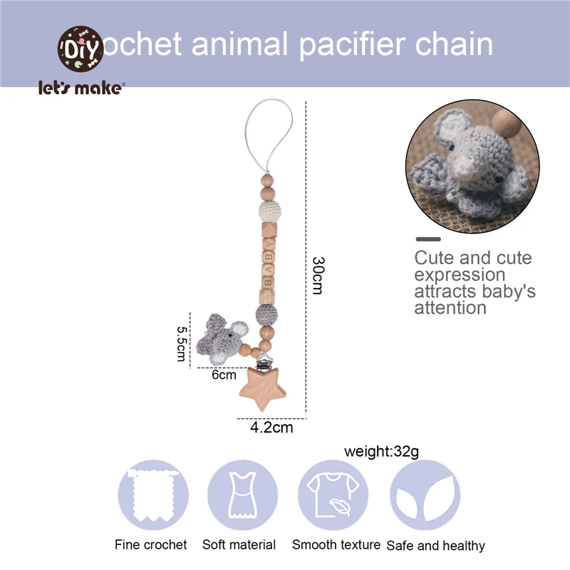 Let's Make Pacifier Chain 1szt Baby Teeting Chains Crochet Rabbit Panda Beads Wooden Clips Wood Teether Tiny Rod Kids Dummy Clips